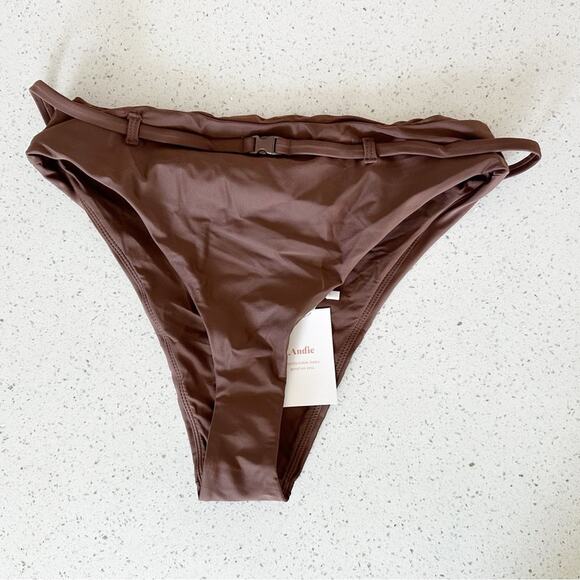 Andie Swim The Riviera High Waisted Bikini Bottom Belted Espresso Brown Size M - Picture 2 of 6